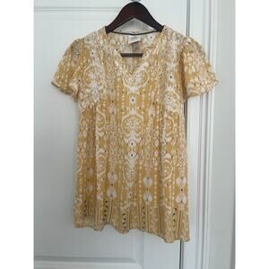 Knox Rose Top Womens Size XS Yellow Embroidered Printed Short Sleeve Peasant